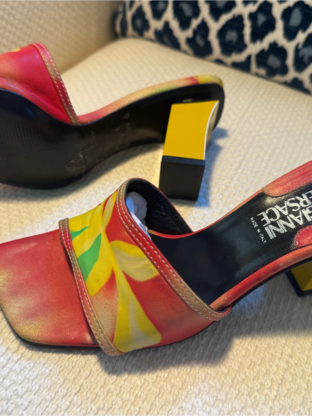 Versace Red Floral Print Block Heel Mules with Yellow Heel Accent